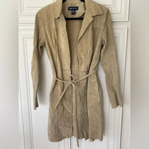 Vintage Blue Asphalt Tan 100% leather Open Front Long Coat Size M